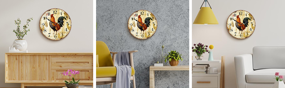 Настінний годинник VIKMARI Rustic Rooster 12 дюймів, безшумний кварцовий, круглий для кухні, батарейковий