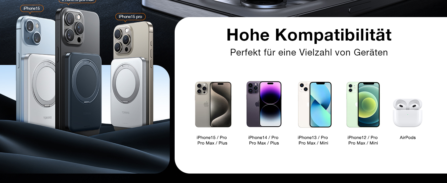 Power Bank TORRAS 5000mAh з MagSafe та кільцем для iPhone 16/15/14/13/12. Бездротовий, USB-C, чорний