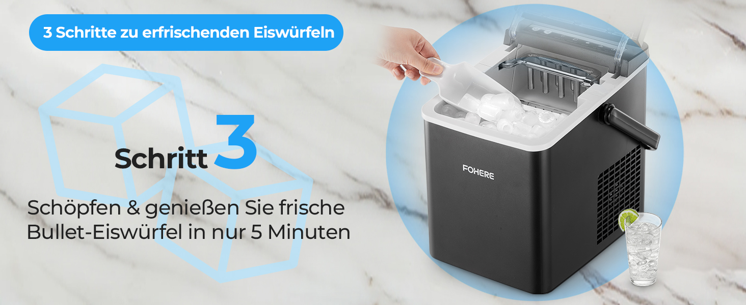 Машина для приготування льоду FOHERE з ручкою, 14 кг/24 год, 9 кубиків льоду за 5 хвилин, 2 розміри, самоочищення, портативна з лопаткою та кошиком – ідеальна для дому, кухні, офісу, кемпінгу, вечірки, RV