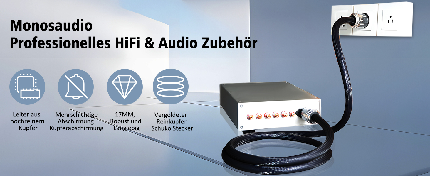 Hi-Fi мережевий кабель Monosaudio P029 1.5м, мідний OFC, High-End кабель живлення EU Schuko — IEC C15 для підсилювача, DVD, сабвуфера та декодера