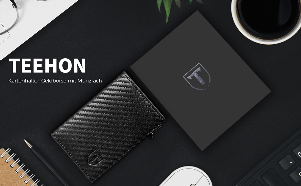 Чоловічий гаманець TEEHON з RFID захистом, з екошкіри, на 5 карт, з відділенням для грошей та відділенням для монет, чорний (Мінімалістичний)