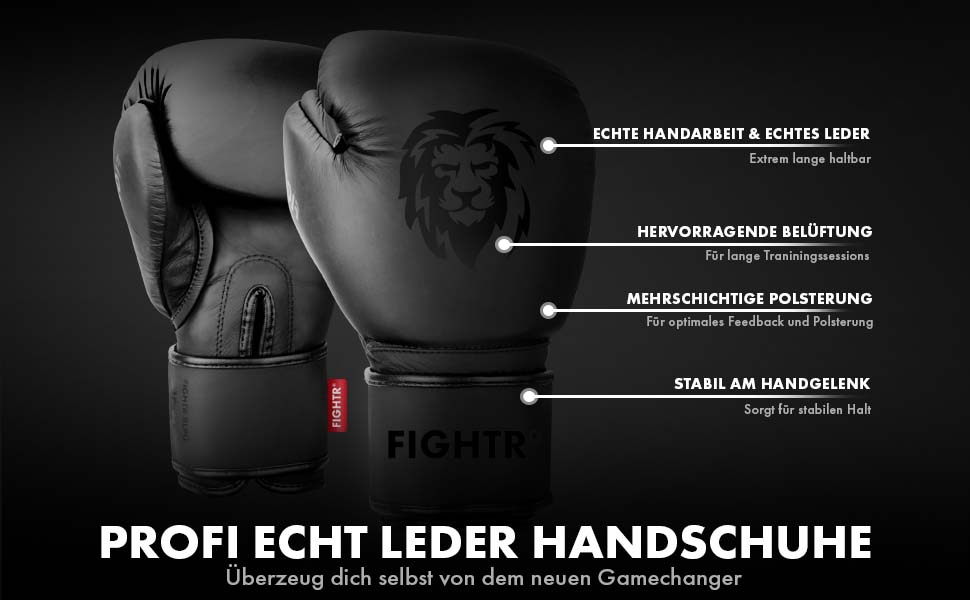 Боксерські рукавички FIGHTR® Pro з натуральної шкіри | чоловічі та жіночі | для боксу, MMA, муай-тай, кікбоксингу та єдиноборств | 10, 12, 14, 16 oz | з сумкою 16 oz All Black