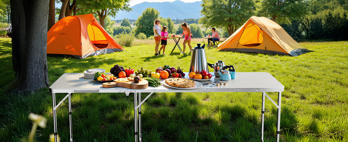 Складаний туристичний стіл 180x60x70 см з регулюванням висоти, алюмінієвий каркас, стільниця МДФ, багатофункціональний, для кемпінгу, саду, дачі