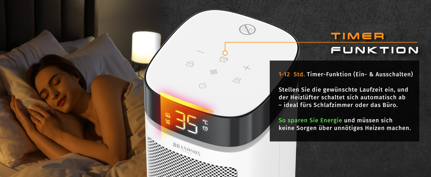 Керамічний обігрівач Brandson ECO Design 2000 Вт з дистанційним керуванням, функцією осциляції та ECO-режимом для спальні та ванної кімнати