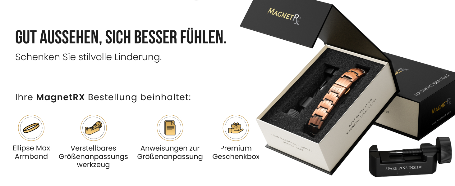 Браслет на руку чоловічий MagnetRX® з чистої міді – Магнітний браслет для чоловіків для магнітної терапії – Ідеально підходить при артриті та синдромі зап'ястного каналу – З інструментом для регулювання довжини (5 рівнів інтенсивності – EllipseMAX (5000 Гаус), мідь)