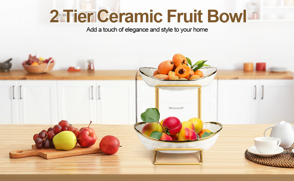 MEESOGA Багатоярусна фруктова тарілка з кераміки на 2 яруси - порцелянова фруктова тарілка з металевим підставкою для кухні. Підходить для фруктів, овочів, закусок та солодощів.