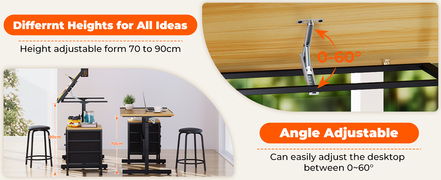 Adjustable Drafting Table with Tilt - 0-60° - Includes Stool & Storage - Wood Finish for Home & Office