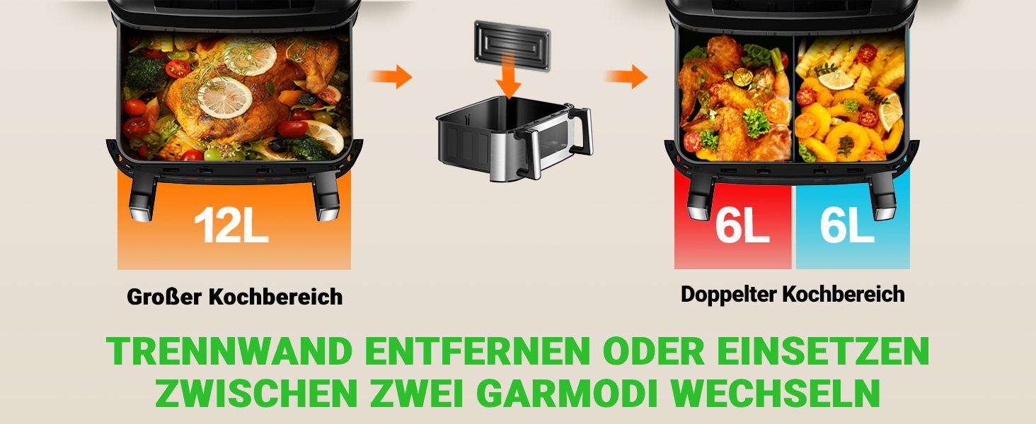 Фритюрниця повітряна подвійна 12л з 8 програмами та рецептами | Регулювання температури до 200°C, срібна