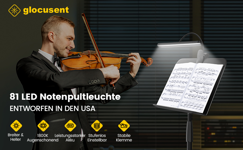 Світлодіодна лампа для нот Glocusent 81 LED: кліпса на пюпітр, 3 кольори, 5 рівнів яскравості, USB-C, до 140 годин, для піаніно, чорна