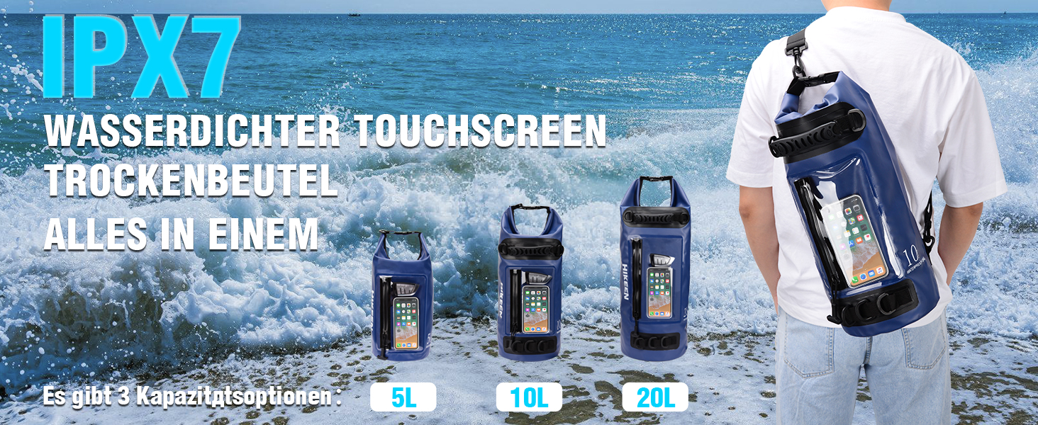 Водонепроникний мішок BOOSTEADY IPX7 з прозорою кишенею для сенсорного екрана та подвійною блискавкою, сухий рюкзак для каяка, човна, кемпінгу, пляжу, рафтингу, плавання та активного відпочинку