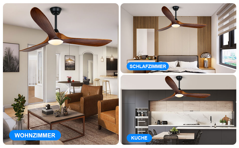 Дзеркальний вентилятор для стелі з дерева, без освітлення, з дистанційним керуванням, тихий, для вологого приміщення (132 см/52 дюйми, коричневий, 3 лопаті)