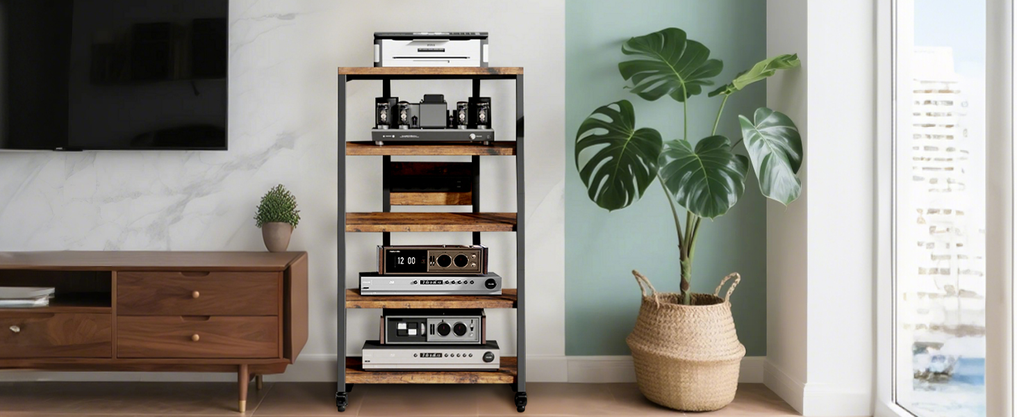 HiFi тумба з колесами для програвача, стереосистеми та ТВ 60x52x78 см. Дерев'яна, 5 полиць, з розетками та LED підсвіткою
