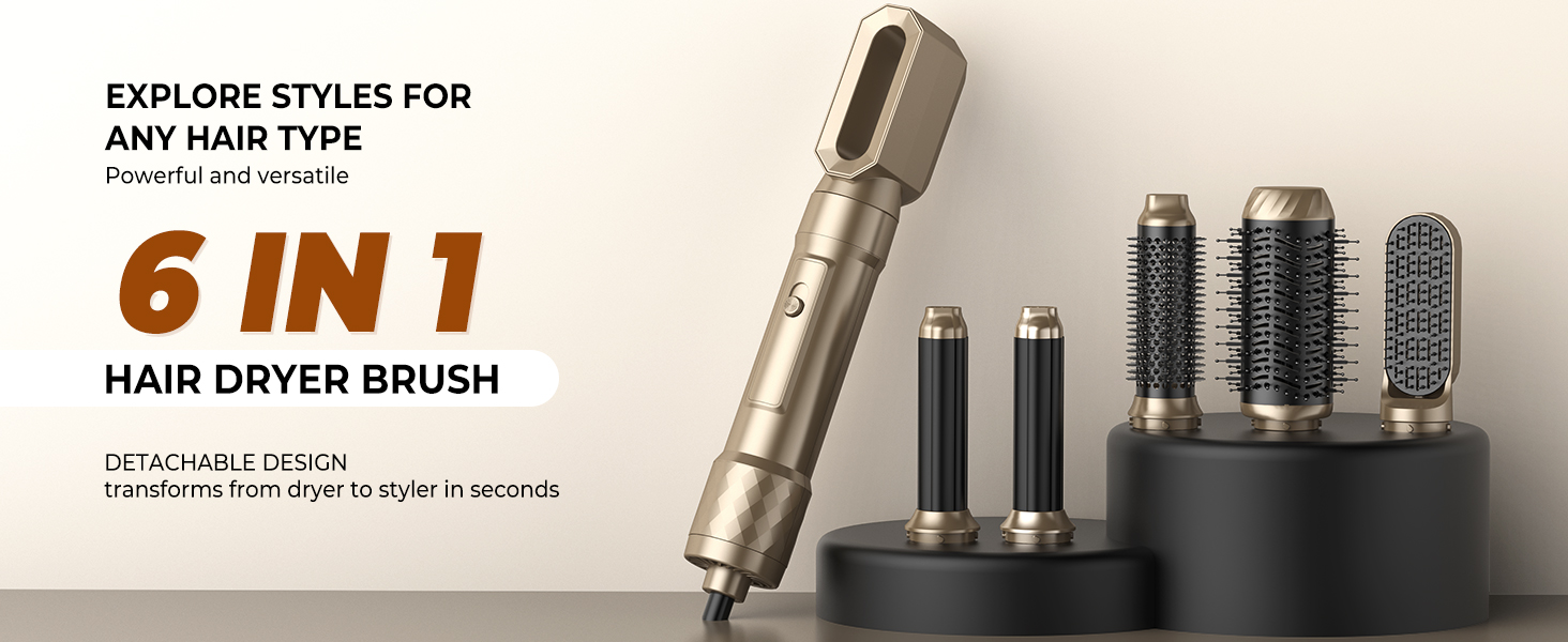 Фен-щітка 6 в 1 Airbrush Pro - професійний набір для укладки волосся | 1000W, круглі щітки, керлер, щітка для термоукладки, фен-щітка, фен, випрямляч | Для всіх типів волосся - блакитний (елегантне золото)