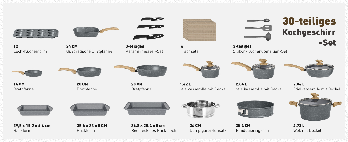 Набір гранітних каструль та сковорідок Kitchen Academy для індукційних плит, 30 предметів, сірий