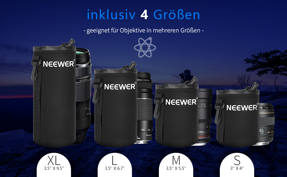 Чохол для об'єктивів Neewer 4 шт. з товстим неопреновим захистом для об'єктивів DSLR-камер (Сумісний з Canon, Nikon, Sony, Olympus, Panasonic). Розміри: Малий, Середній, Великий, XL