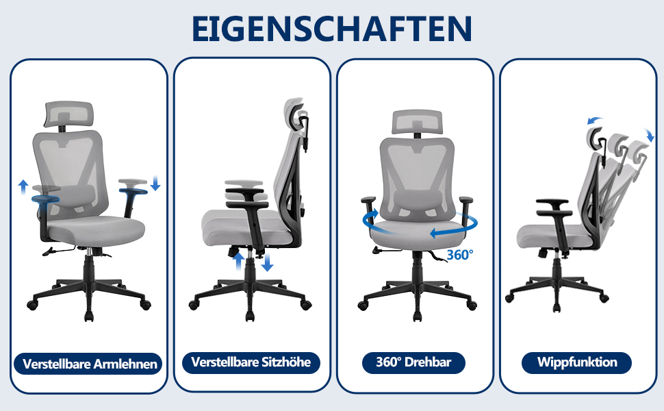 Офісне крісло Yaheetech з регульованою підголівником та підтримкою попереку, дихаюча сітчаста спинка, широке сидіння, S-подібна спинка, поворот на 360°, сірий колір