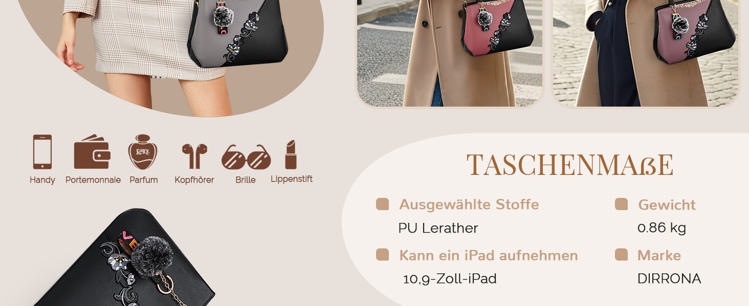 Сумка жіноча DIRRONA велика – сумка через плече та шопер з квітковою вишивкою та помпонами, ідеальна для роботи, відпочинку, подорожей, офісу, вечірок та весіль, колір сірий