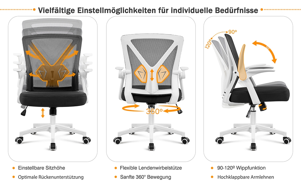 Офісне крісло Yaheetech з підйомними підлокітниками, сітчасте, ергономічне, з підтримкою попереку, функцією гойдання та регулюванням висоти (біле)