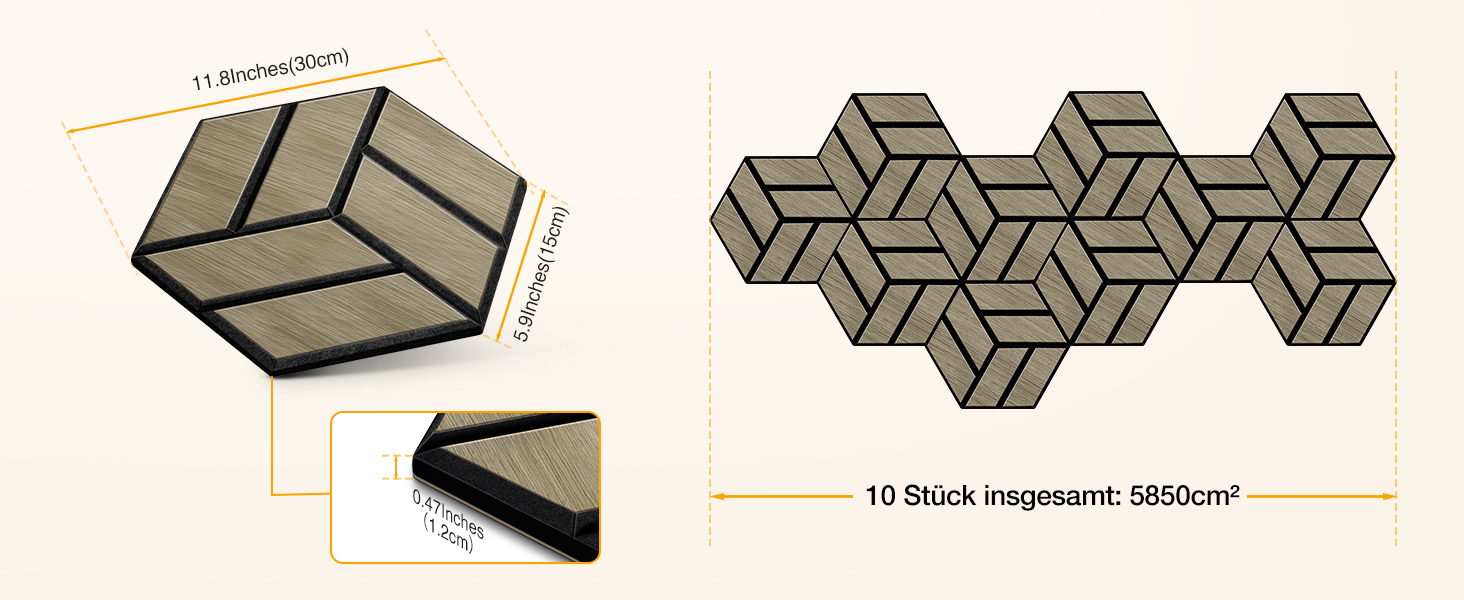 Акустичні настінні панелі JAMELO з шпоном горіха, самоклейні 3D гексагональні панелі для стін та стелі, 30x15x1.2 см, 10 шт, колір горіх