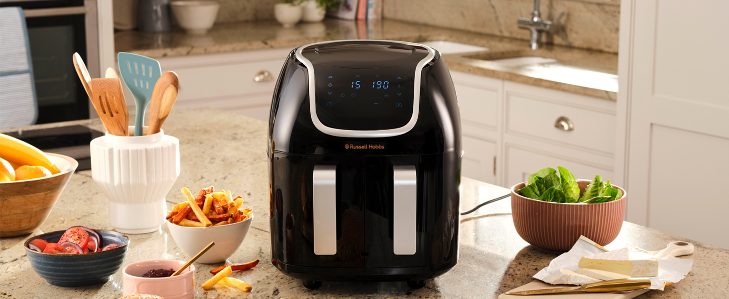 Фритюрниця електрична Russell Hobbs подвійна 8.5л з технологією Rapid Air Fryer, 8 програм, сенсорний екран, кошики 4.25л, посудомийна безпека 27290-56S