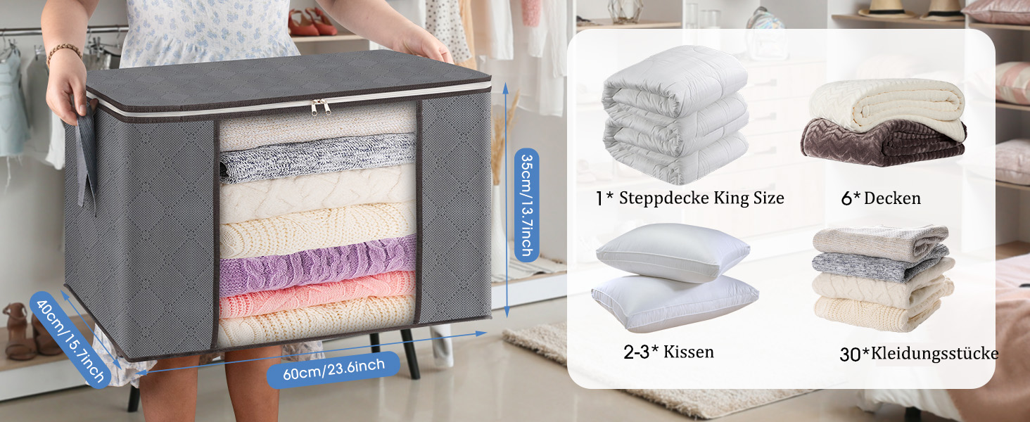 Органайзери для зберігання AIOR, 4 шт., 90 л, сірі. Коробки для зберігання постільної білизни, одягу, ковдр, подушок. Розмір 60x40x35 см