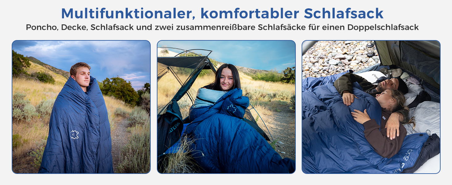 Спальний мішок ATEPA Elements Daunen 0°C, 3-в-1, ультралегкий, прямокутний, комфорт 4°C / ліміт -1°C, з компресійним мішком, для походів, кемпінгу та рюкзакових подорожей, Navy