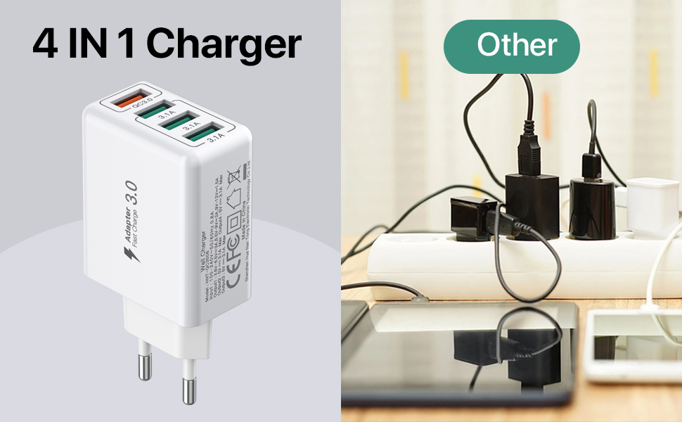 Блок зарядного пристрою USB C 40W з 4 портами, швидка зарядка PD+QC, для iPhone, Samsung, Tablet, білий (сірий)