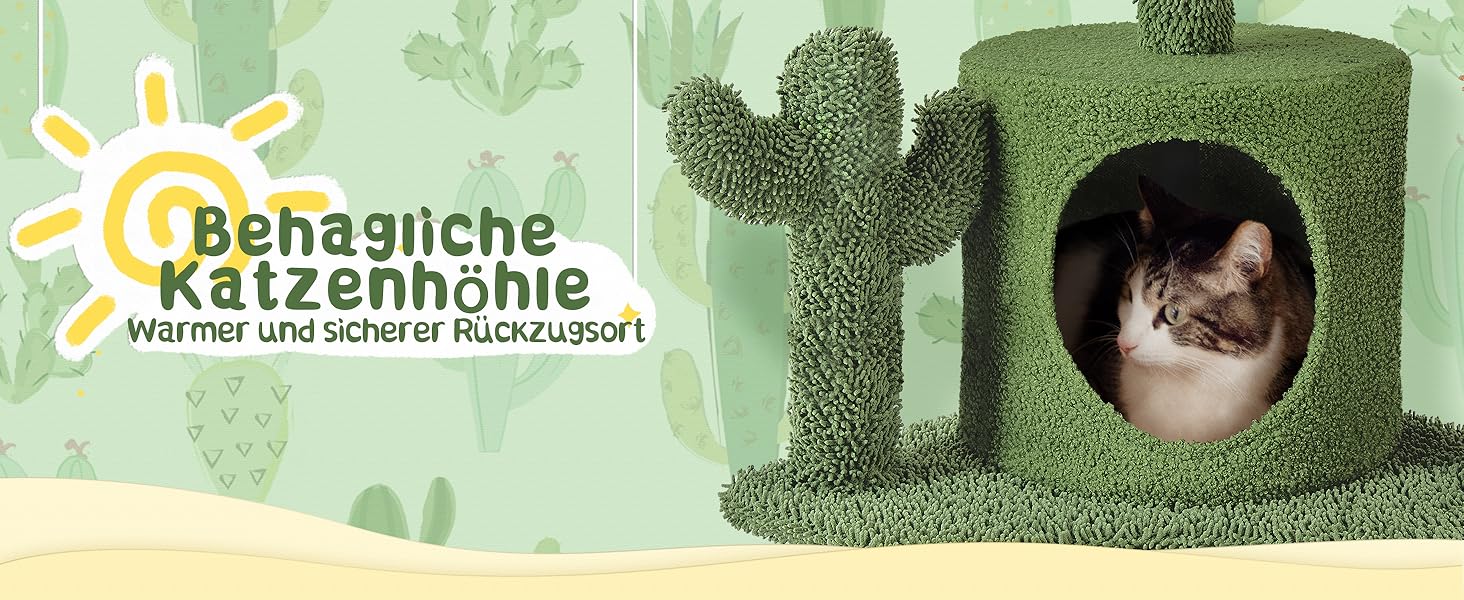 Дерево для котів Yaheetech Kaktus - 135 см, з оглядовою платформою та печерею, оббивка з сизалю та плюшу, зелено-коричневий