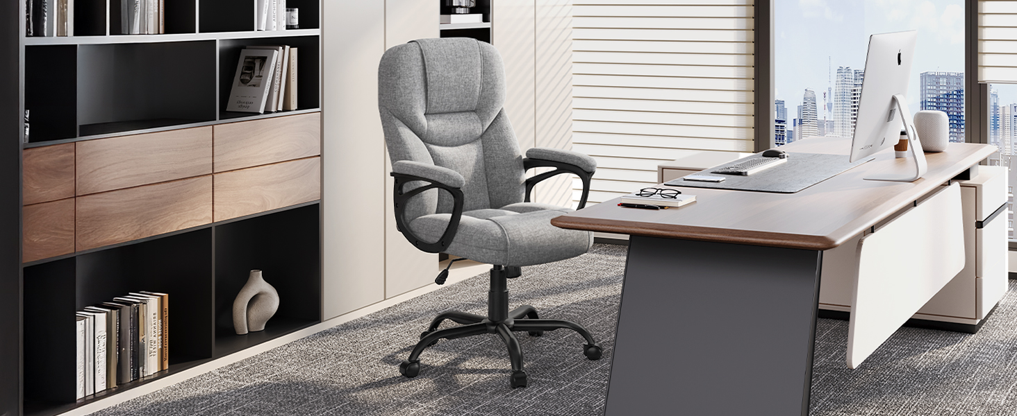 Офісне крісло Yaheetech для офісу та дому: ергономічний, з високою спинкою, регульований, комфортний, з м'яким наповнювачем, функція гойдання (сірий, поліестер)