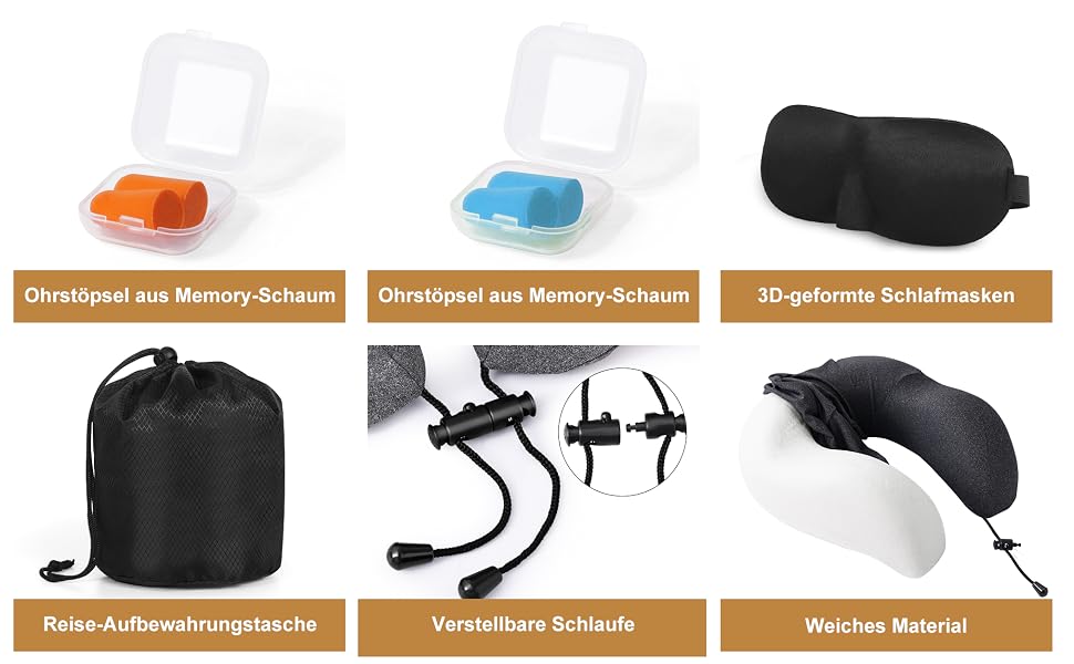 Подушка для подорожей Kobete з ефектом пам'яті (Memory Foam) для шиї, набір для сну в літаку, авто та поїзді: з 3D-маскою, берушами та сумкою, чорна