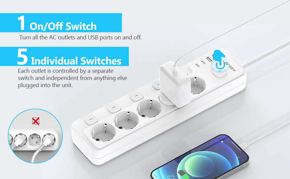 Смуга розеток JSVER на 5 розеток з індивідуальним вимикачем, 2 USB-A та 2 USB-C (17W), 2м кабель живлення для смартфонів та ноутбуків - білий
