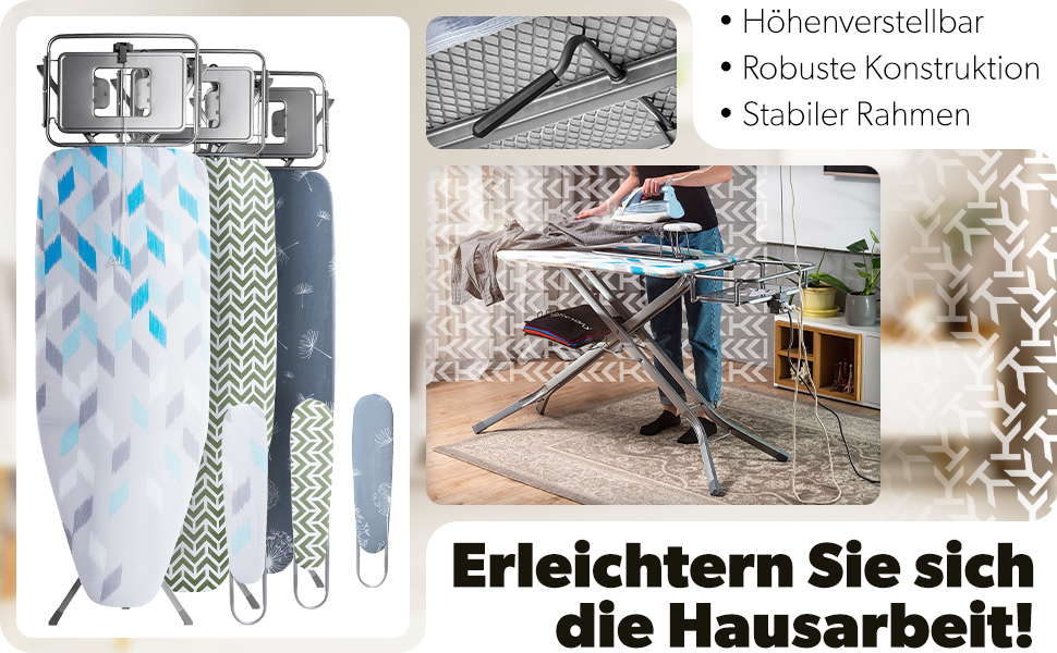 Прасувальна дошка KADAX з підставкою для рукавів 130x41 см, поверхня для прасування 53x13 см, з відсіком для праски та розеткою, складана прасувальна станція з парогенератором, Made in EU (Блакитна)