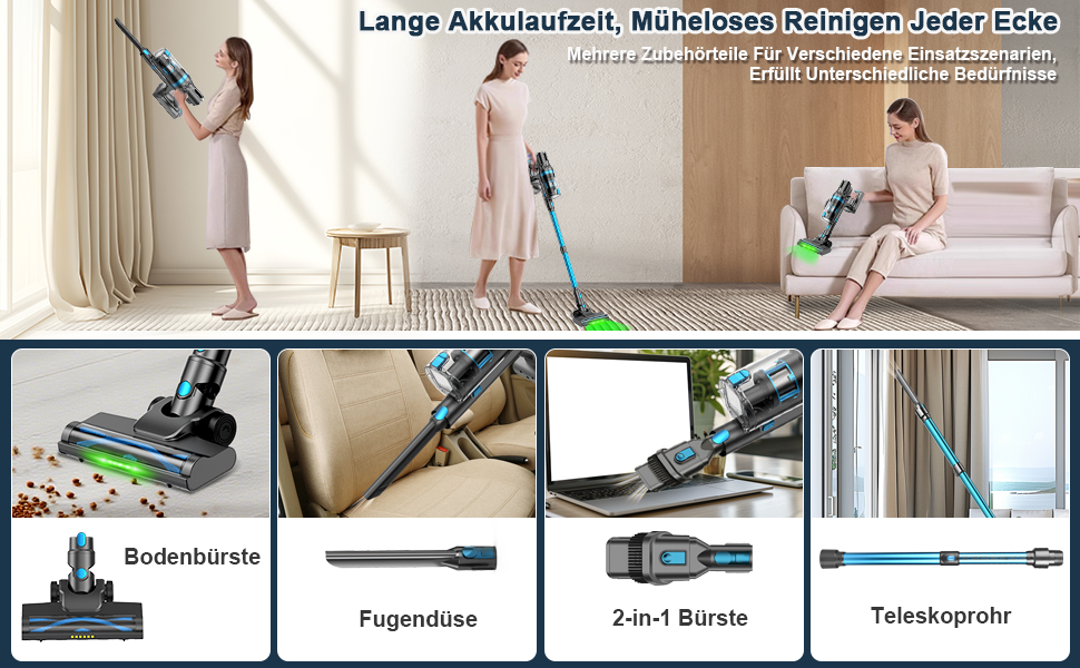 Бездротовий акумуляторний пилосос, потужний 70 хв/45KPA/550W з LED-дисплеєм, антизаплутуванням, детекцією бруду, для килимів, шерсті тварин та твердих поверхонь