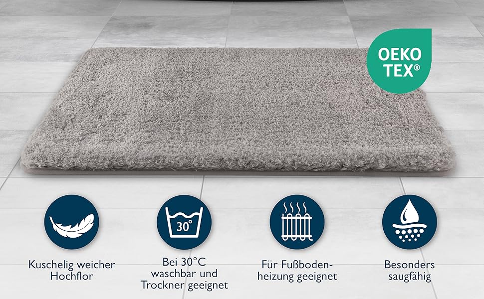 Beautissu Non-Slip Bath Mat - 120x70 cm - Plush Shaggy Rug for Bathroom - Washable, Grey - BeauMare FL