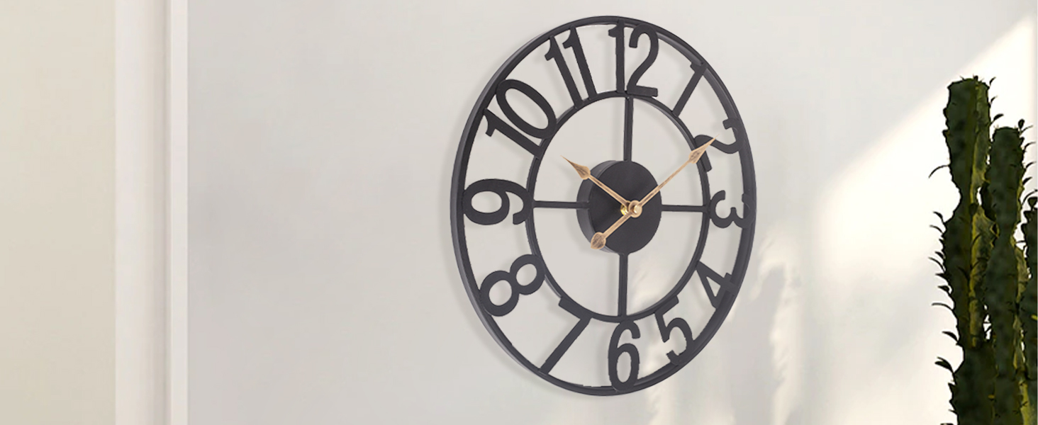 Large European Industrial Vintage Wall Clock with Roman Numerals, Silent No Ticking Sounds Metal Wall Clock, Decorative Wall Clock for Living Room, Kitchen, Bedroom - (Black Arabic, 50cm)
