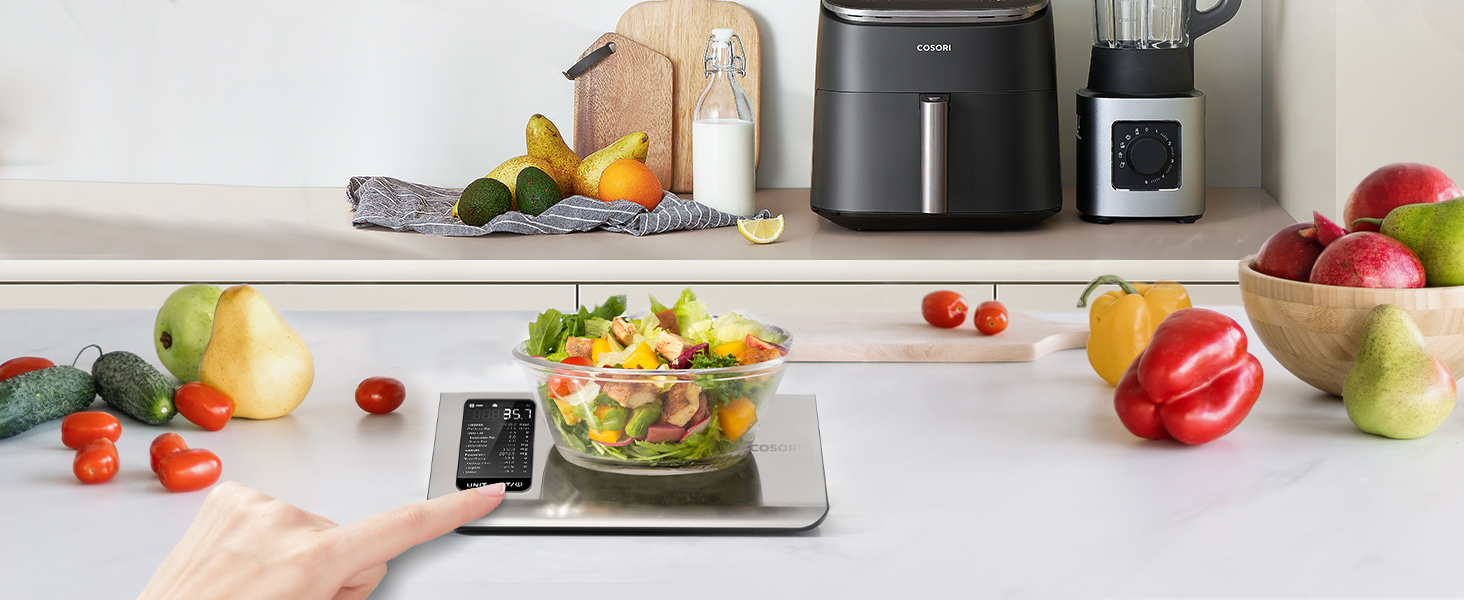 Cosori Digital Kitchen Scale with Nutrition Tracking - 5kg Stainless Steel Food Scale for Weight Loss - Tracks 19 Nutrients & Calories