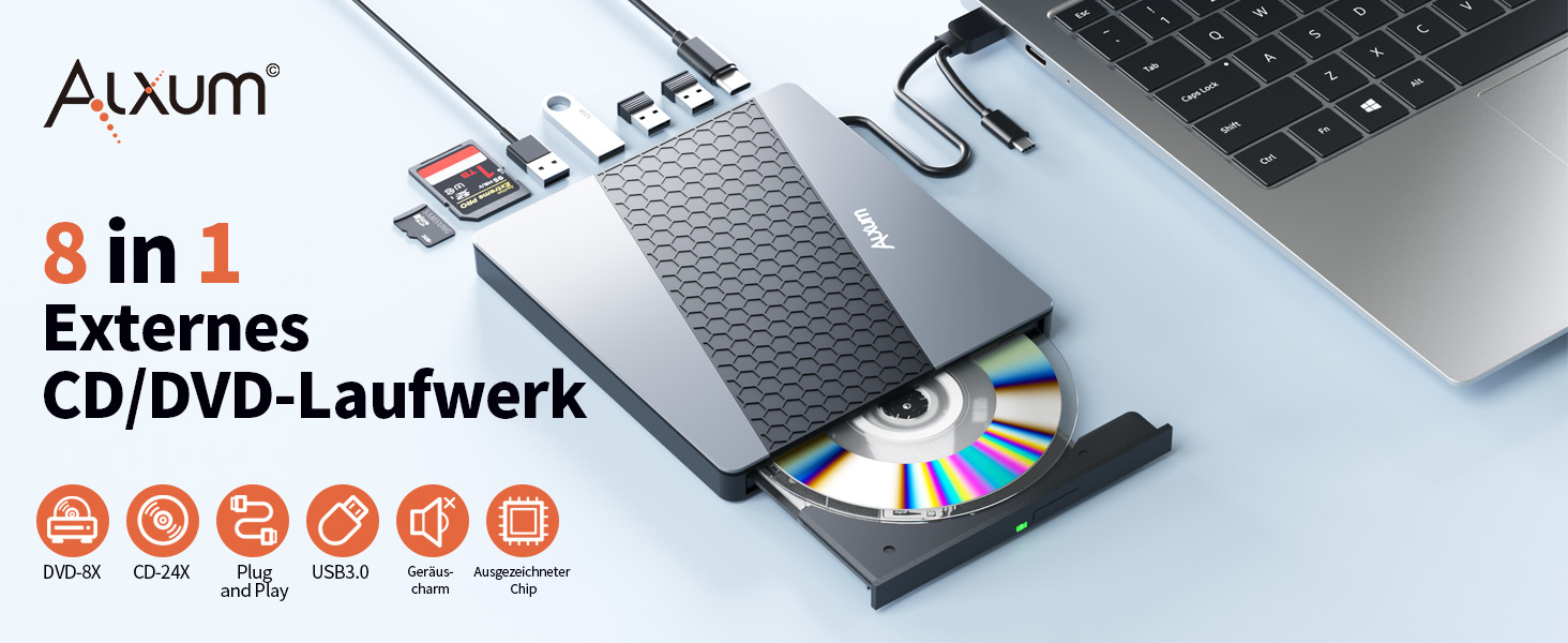 Зовнішній USB 3.0 CD/DVD-записувач Alxum з картридером SD/TF та додатковим USB-портом, Plug & Play для Windows, Linux, Mac OS, T039A