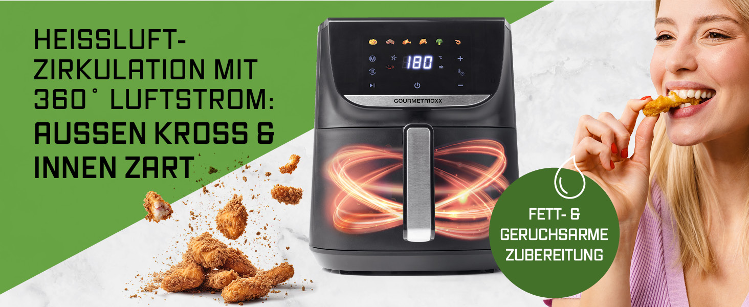 Фритюрниця повітряна Gourmetmaxx AirGenius 9 л з 2 відсіками | 8 програм | Мульти-кухня для 8 осіб | Сенсорний дисплей