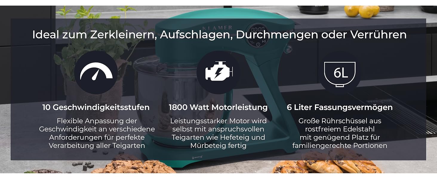 KLAMER 1800W Stand Mixer - Stainless Steel Bowl 6L, 10 Speed with Timer, Planet Mixing Action, Dough Hook, Whisk & Beater - Turquoise