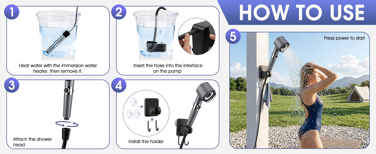 Campingdusche KingSom з насосом та підігрівом, 8000mAh, портативна душова установка для кемпінгу, саду, подорожей, автомийки з LED дисплеєм