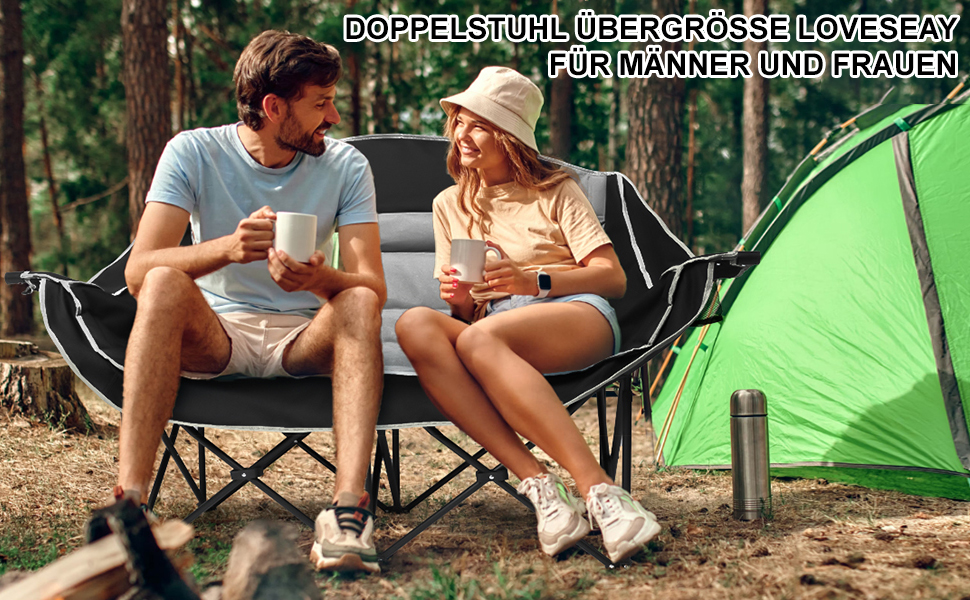 Кампанінг стілець подвійний великий, м'який, з підсклянником, складаний для 2 осіб, чорно-білий