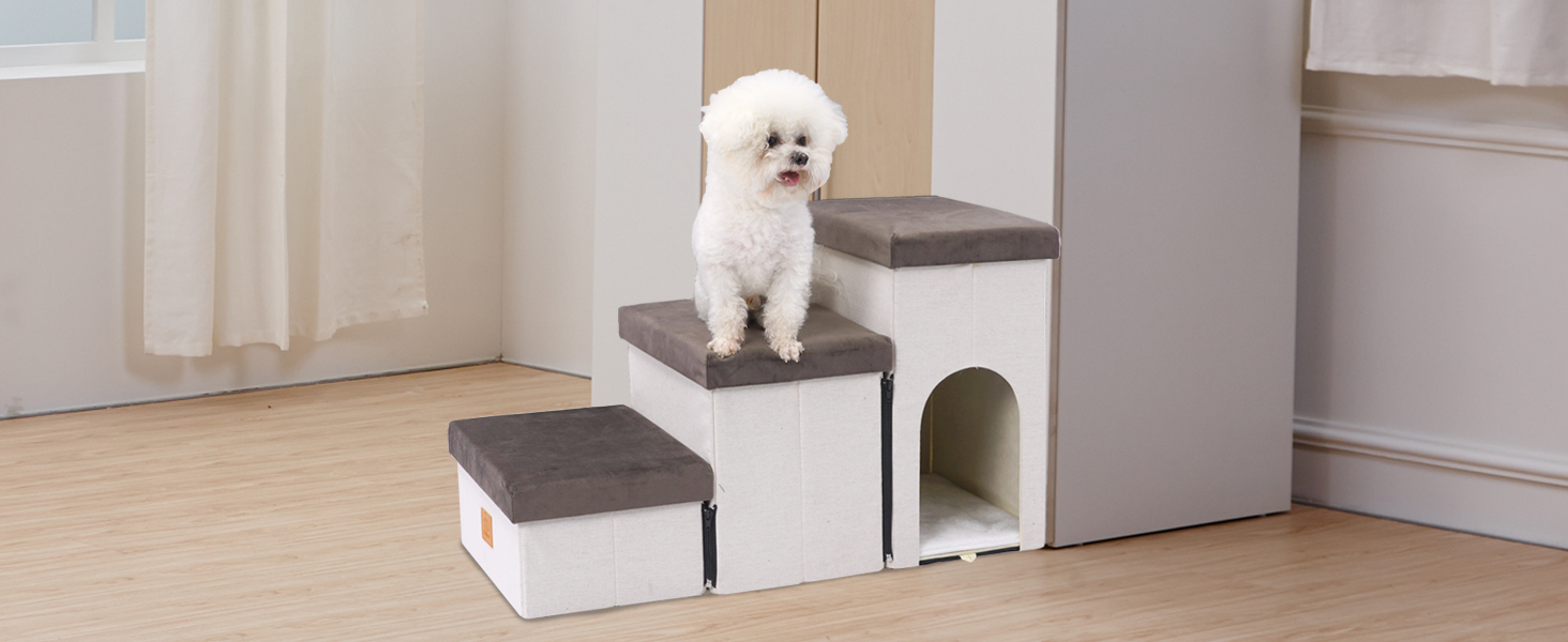 Сходинки для собак на 3 сходинки, 44 см, з місцем для зберігання, для ліжка/софи, для котів, для літніх тварин, губка, хатня тварина, бежевий колір