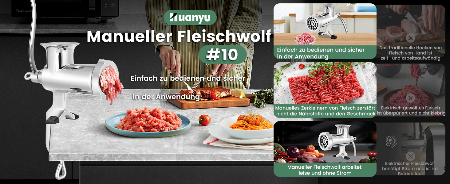 М'ясорубка ручна Huanyu з нержавіючої сталі та насадкою для ковбас, 10 розмір, посудомийна