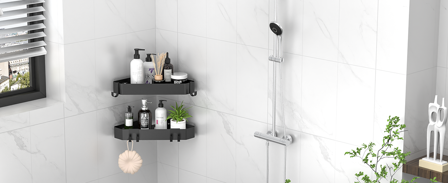 Поличка для душу без свердління, кутова, з металу, 2 шт. Двоярусний кутовий органайзер для душу з 4 гачками, чорний набір