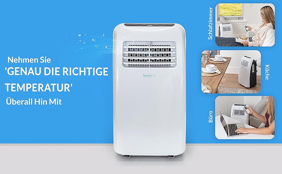 Мобільний кондиціонер SereneLife 9000 BTU з виносним шлангом – 3 в 1: кондиціонер, вентилятор, осушувач повітря. Підходить для приміщень до 42 м², білий.