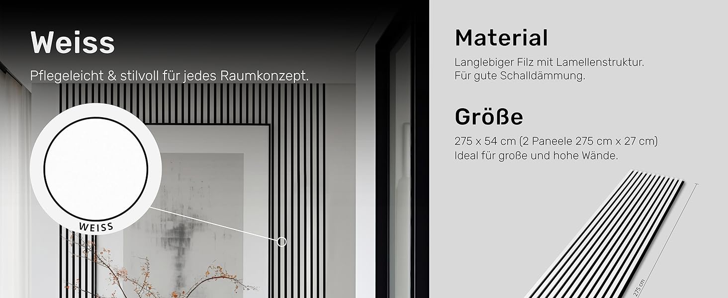 Акустичні настінні панелі з ламелями на фетрі, білі (набір 2 шт. 275x27 см), 1.485 м² — декоративна стінова облицовка