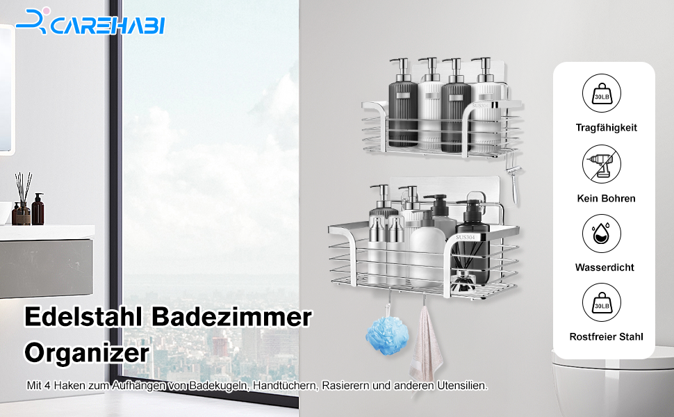 Поличка для душу Carehabi без свердління, 2 шт. Органайзер для ванної кімнати, полиця для душу з нержавіючої сталі з 4 гачками для шампуню та гелю для душу