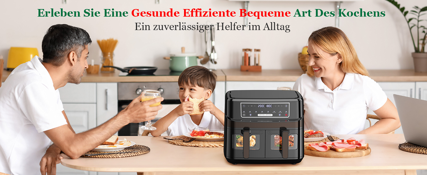 Аерофритюрниця подвійна 10л з оглядовим вікном Heißluftfritteuse 2600W, 8 в 1, сенсорне управління, до 200°C