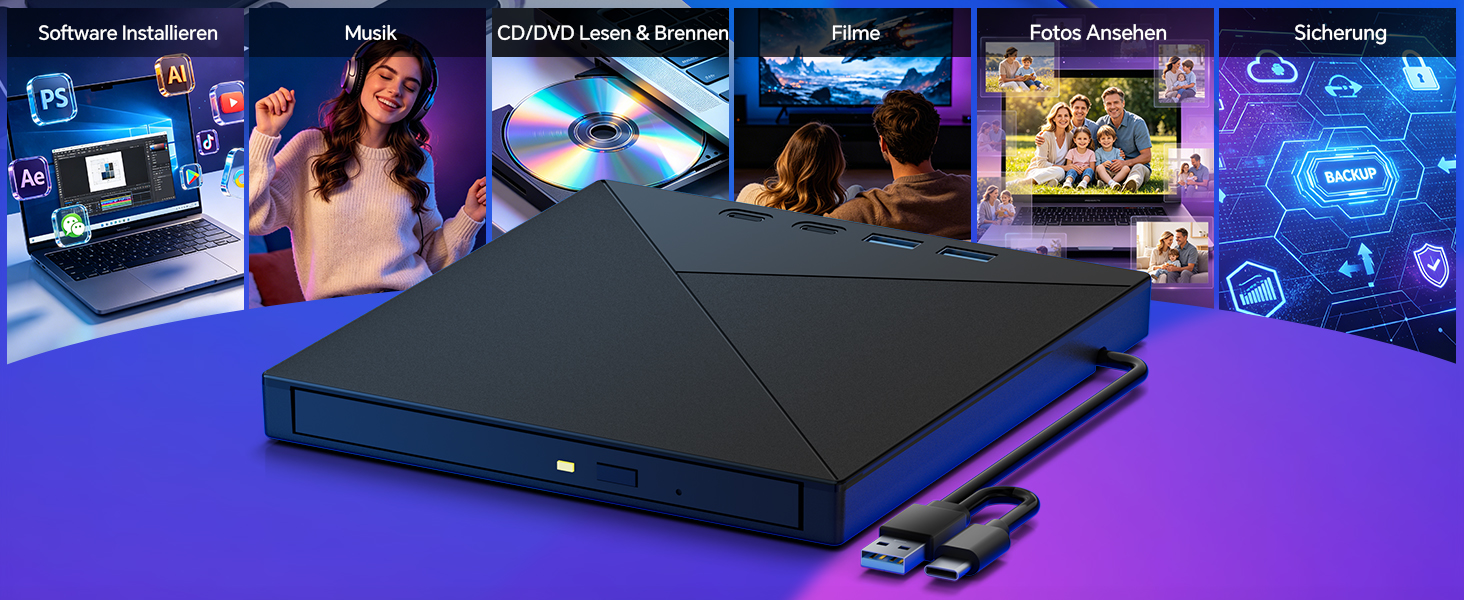 Зовнішній CD/DVD привід та записувач USB-C & USB-A з картридером TF/SD для ноутбука, Windows, Mac OS, Linux