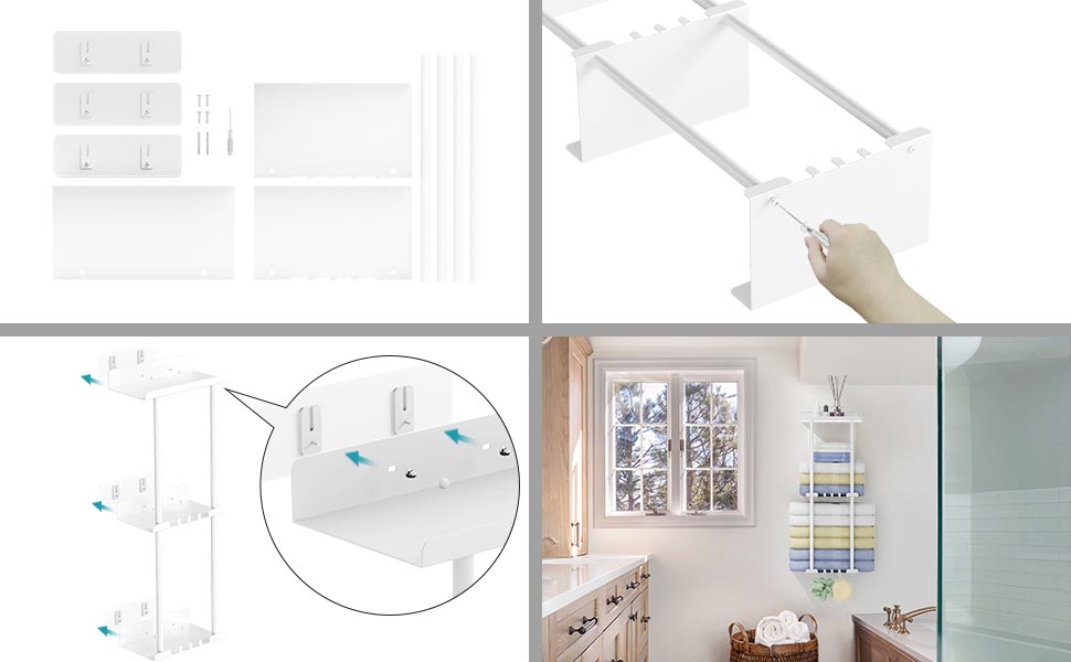 Тримач для рушників без свердління, настінний, з 6 гачками та полицею для ванної кімнати/кухні, матовий, для гостей, білий